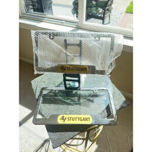 Stuttgart License Plate Frame – Chrome Look Plastic with Yellow Horse Emblem